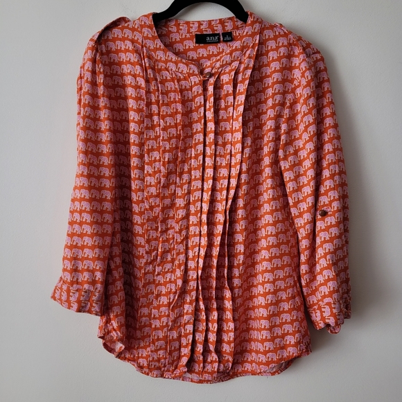 A.N.A. A New Approach Long Sleeve Blouse Orange + Pink Elephants Pleated Front - Picture 15 of 15